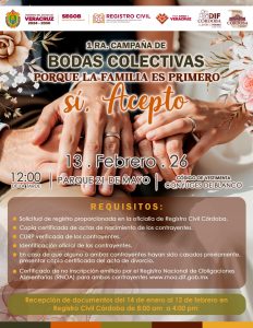 Nuevas historias de amor, DIF Córdoba convoca a Bodas Colectivas