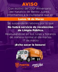 No habrá recolección de basura este lunes 16 de marzo